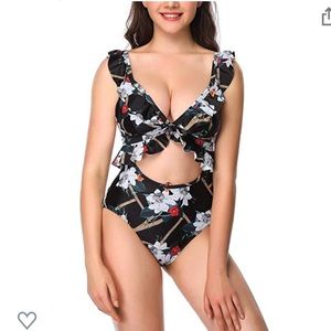 Floral One Piece Ruffle Sleeve Cut Out Swimsuit